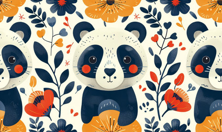 Seamless pattern with cute panda and flowers. Vector illustration.の素材