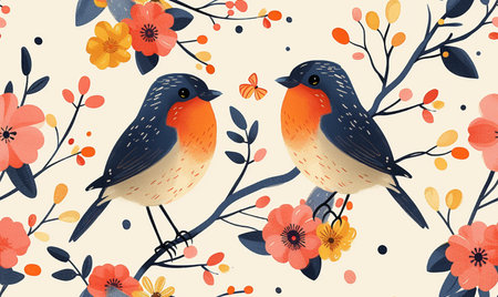 Seamless pattern with robins and flowers. Vector illustration.の素材
