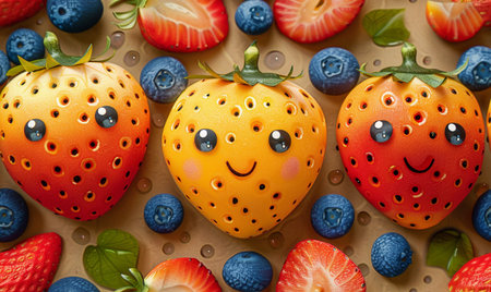 Strawberries and blueberries on a wooden background. Top view.の素材