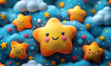 3d render of cute yellow star in blue background with stars.の素材