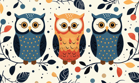 Seamless pattern with cute owls and branches. Vector illustration.の素材