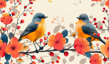 Beautiful birds and flowers. Seamless pattern. Vintage style.の素材