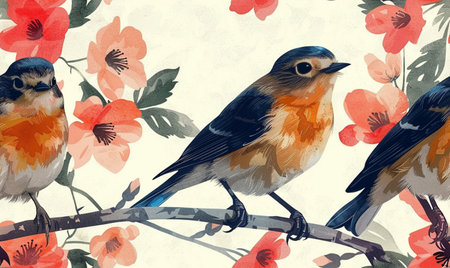 Seamless pattern with birds and flowers. Watercolor illustration.の素材