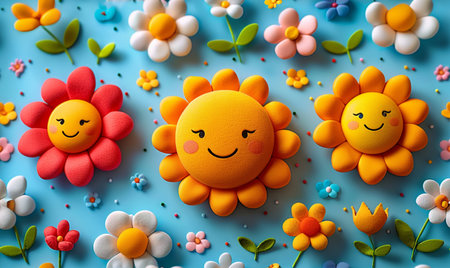Cute sun with flowers on blue background. 3d rendering.の素材