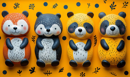 Panda bear family on yellow background. Flat lay, top view.の素材