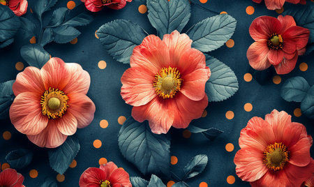 Flowers composition. Red poppy flowers on blue background. Flat lay, top view, copy spaceの素材