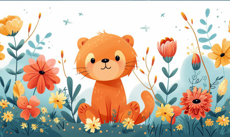 Cute cartoon bear in the meadow with flowers. Vector illustration.の素材