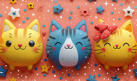 Cute cat with stars and confetti background. Paper art style.の素材