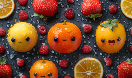 Funny fruit faces with water drops on dark background, top viewの素材