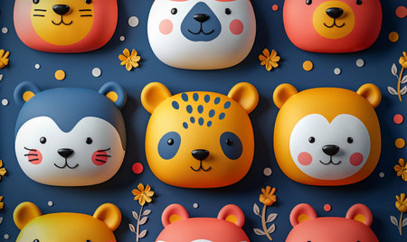 Seamless pattern with cute cartoon bears on blue background. Vector illustration.の素材