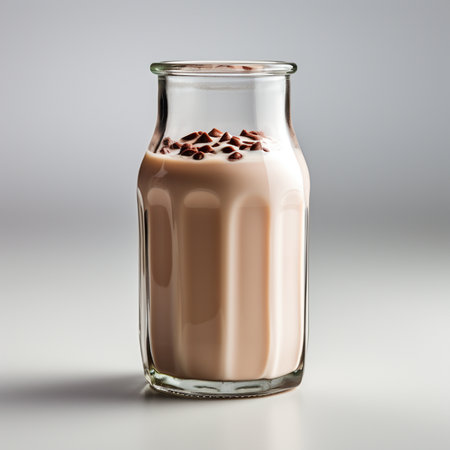 Glass bottle of chocolate milkshake on grey background, closeupの素材