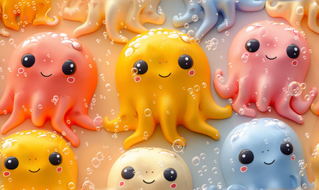 3d illustration of cute octopus and jellyfish floating in waterの素材