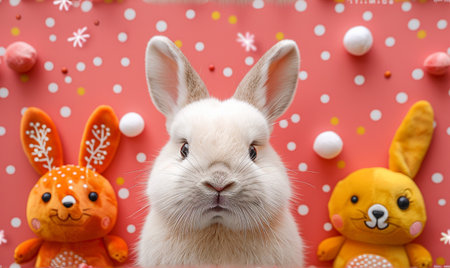 Easter bunny and easter eggs on pink background with copy spaceの素材