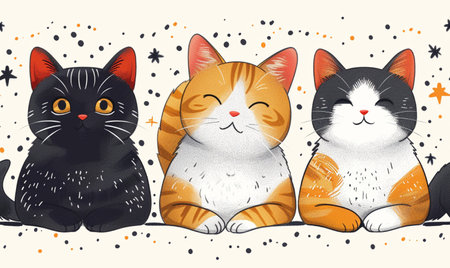 Cute cartoon cats sitting on the floor with stars. Vector illustration.の素材