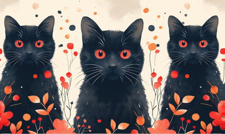 Cute black cats with red eyes and flowers on white background.の素材
