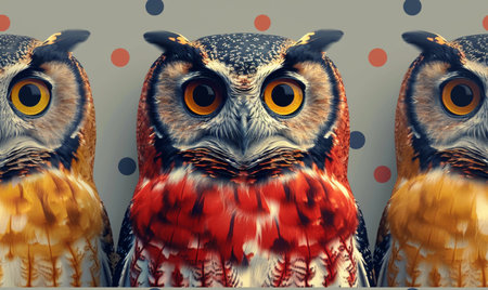 Owl with orange eyes and dots on gray background. 3d renderingの素材
