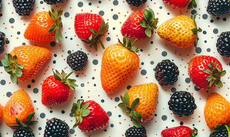 Strawberries and blackberries on a white background, top viewの素材