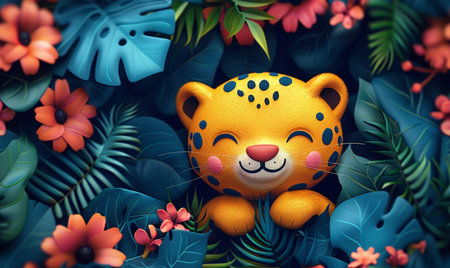 Cute cartoon fox with autumn leaves on dark background. Vector illustration.の素材