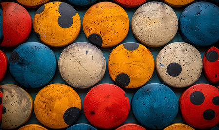 Colorful wooden circles background. Close up view of colorful circles.の素材