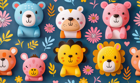 Cute cartoon bear, lion, bear, hedgehog, lion, hippo on blue background.の素材