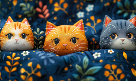 Cute cats on a blue background with a pattern of flowers.の素材