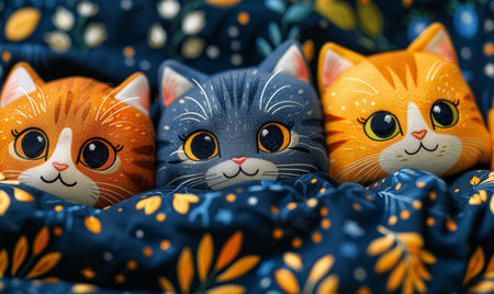 Colorful cat toys on blue fabric background. Selective focus.の素材
