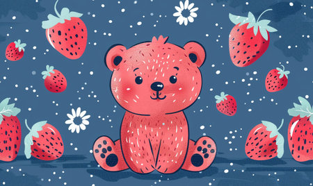 Hand drawn vector illustration of a cute little bear with strawberries on a blue background.の素材