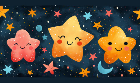 Cute hand drawn stars and moon in watercolor style. Vector illustration.の素材