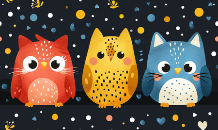 Seamless pattern with cute owls. Hand drawn vector illustrationの素材