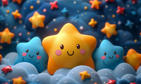 3d illustration of cute star characters over blue background with stars and cloudsの素材