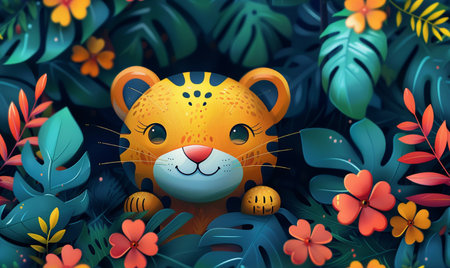 Cute cartoon tiger surrounded by tropical leaves and flowers. Vector illustration.の素材