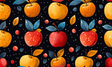 Seamless pattern with apples and berries on a dark background.の素材