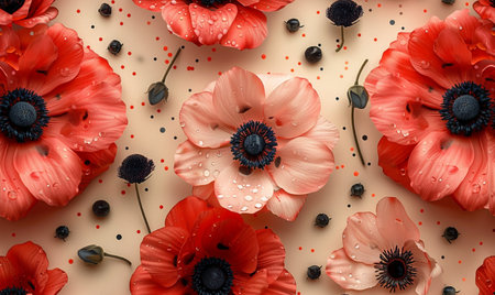 Beautiful poppies and berries on color background, top viewの素材