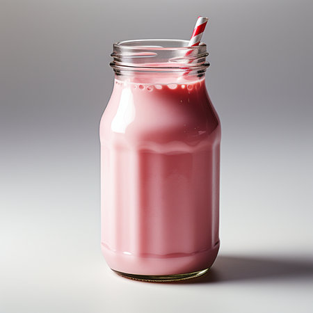 Pink milkshake in a glass jar with a straw on a gray backgroundの素材