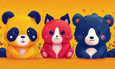 cartoon happy panda family on colorful background - illustration for childrenの素材