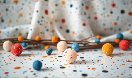 Colorful Easter eggs and garland on white table, closeupの素材