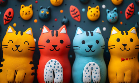 Colorful cat figurines on blue background. Close-up.の素材