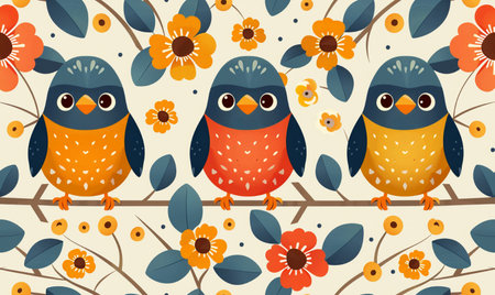 Seamless pattern with cute owls and flowers. Vector illustration.の素材