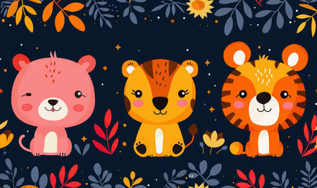Seamless pattern with cute cartoon animals on dark background. Vector illustration.の素材