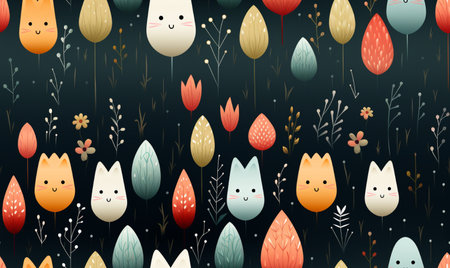 Seamless pattern with cute foxes and flowers. Vector illustration.の素材
