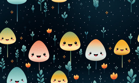 Seamless pattern with cute cartoon mushrooms and flowers. Vector illustrationの素材
