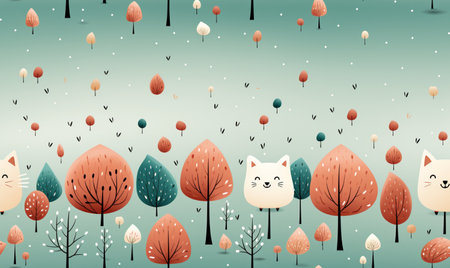 Seamless pattern with cute cat in autumn forest. Vector illustrationの素材