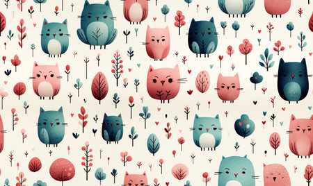 Seamless pattern with cute cartoon cats and trees. Vector illustration.の素材
