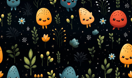 Seamless pattern with cute monsters and flowers. Vector illustration.の素材