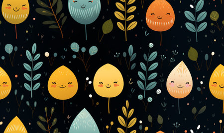 Seamless pattern with cute cartoon plants on dark background. Vector illustration.の素材