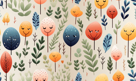 Seamless pattern with cute cartoon trees and leaves. Vector illustration.の素材
