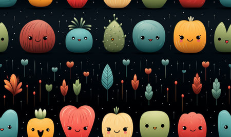 Seamless pattern with cute kawaii fruits on dark backgroundの素材