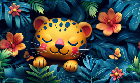 Cheerful cartoon tiger among tropical leaves and flowers. 3d renderingの素材