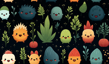 Seamless pattern with cute hedgehogs and plants. Vector illustration.の素材