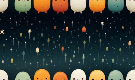 Seamless pattern with cute cartoon ghost on the night sky backgroundの素材